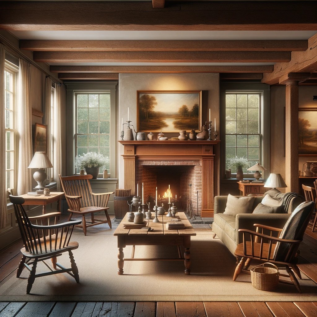 An inviting American Colonial living room, where warmth radiates from the hearth and history resides in every detail, from the Windsor chair to the handcrafted wooden table.