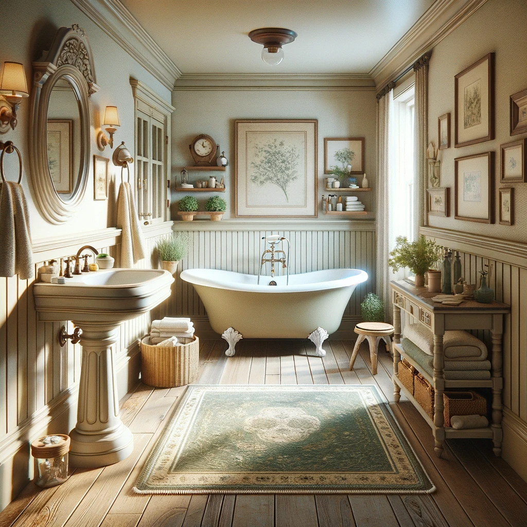 Step into a bygone era with this quaint country-style bathroom, where vintage fixtures and framed botanical prints create a tranquil space to unwind, all bathed in the soft, natural light of a peaceful afternoon.