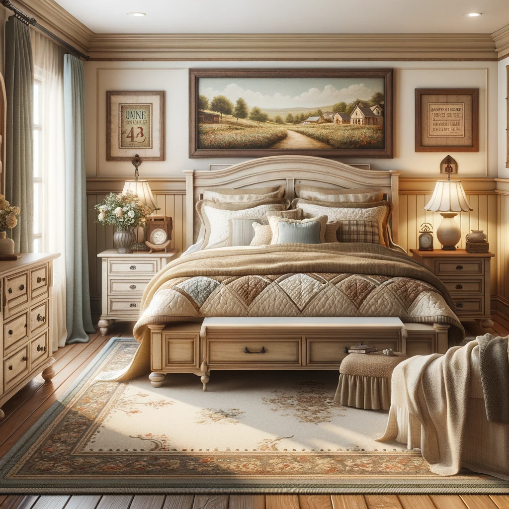 This bedroom pairs classic country charm with a dash of sophistication, featuring a symphony of warm woods and soft fabrics, where every morning feels like a page from a storybook.