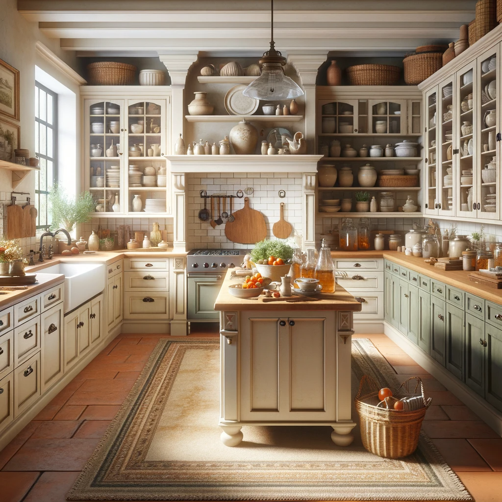 This kitchen is a rustic haven of culinary delight, where traditional design meets functionality, and every shelf and countertop tells a story of family gatherings, hearty meals, and the simple joys of country living.