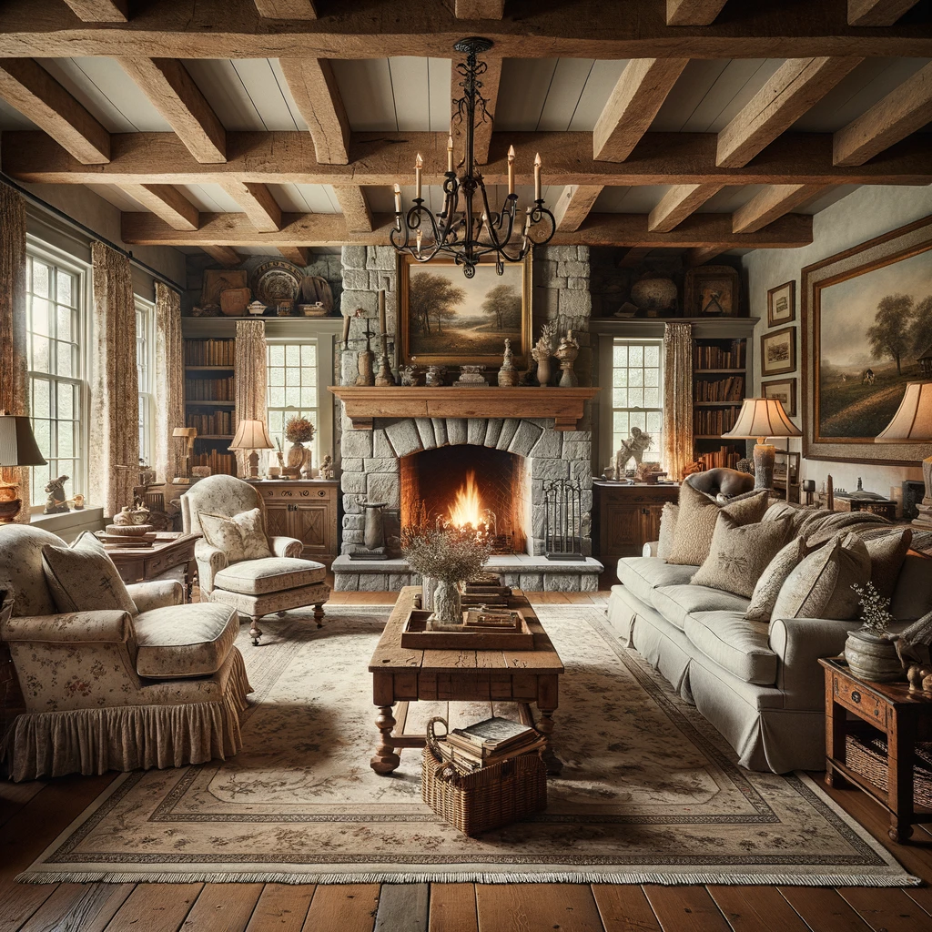 An inviting country living room that exudes old-world comfort, with its rich wood textures and a hearth that's the heart of the home, inviting guests to sit, relax, and bask in the warmth of simple pleasures.