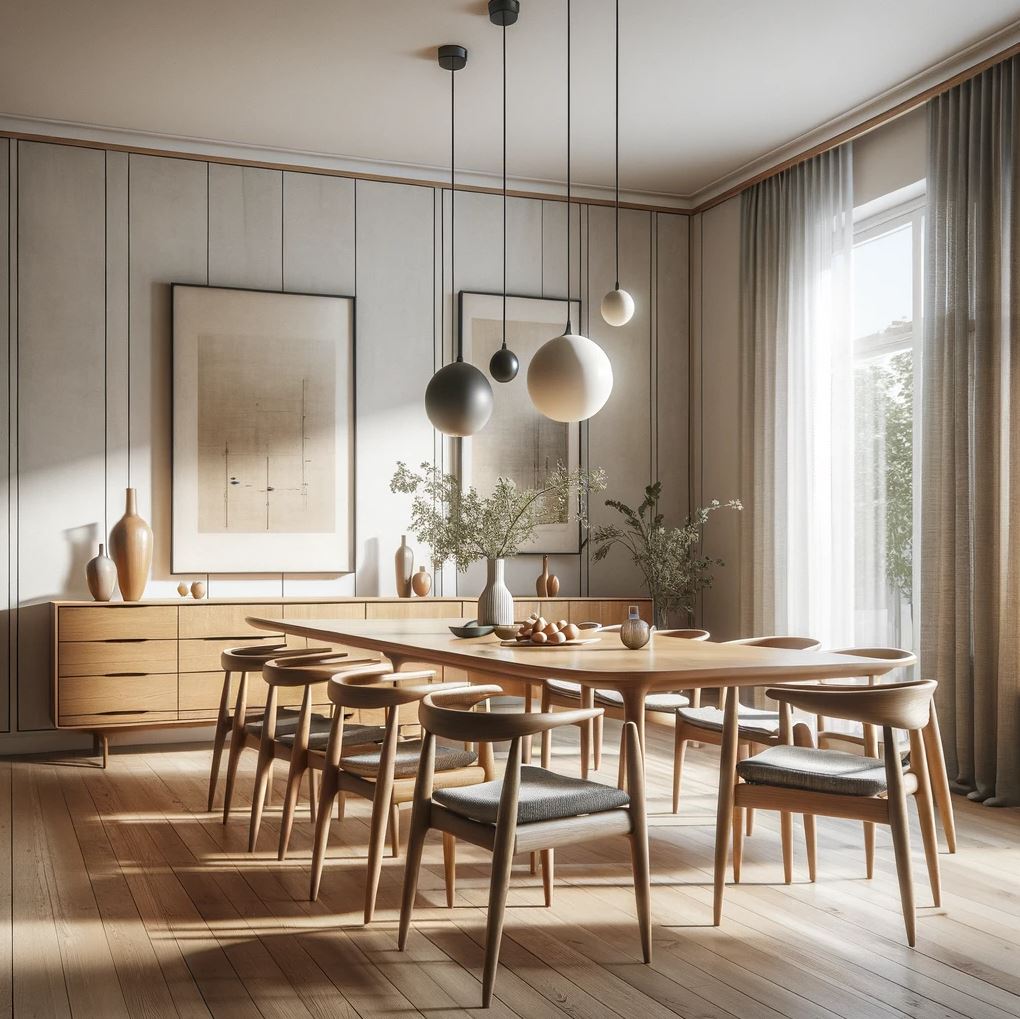 This dining room is the epitome of Danish modern design, showcasing a simple yet elegant wooden dining table surrounded by iconic curved-back chairs. The space is illuminated by a chic pendant light, creating an inviting atmosphere for gatherings.