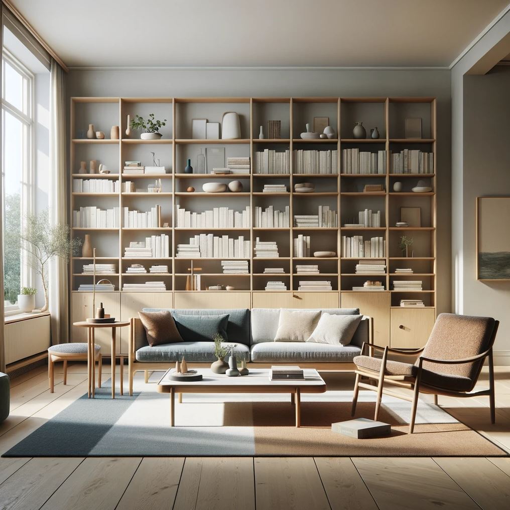 A serene Danish modern living room with a neutral color palette, featuring a sleek sofa, minimalist coffee table, and a spacious, well-organized bookshelf. Natural light pours in through large windows, highlighting the clean lines and functional design typical of Scandinavian interiors.