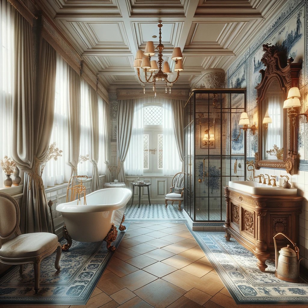 A Dutch Colonial bathroom that serves as a private retreat, featuring a standalone bathtub with brass fixtures, surrounded by Delft blue tiles and rich wooden vanities, offering a spa-like experience steeped in tradition.