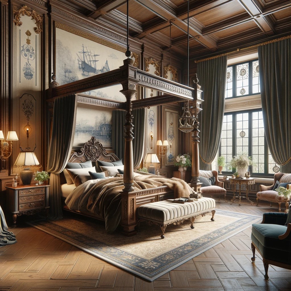 A regal Dutch Colonial bedroom, where the elegance of a four-poster bed is matched by the traditional charm of Delft blue accents and luxurious seating areas, creating a sanctuary of refined comfort and historical beauty.