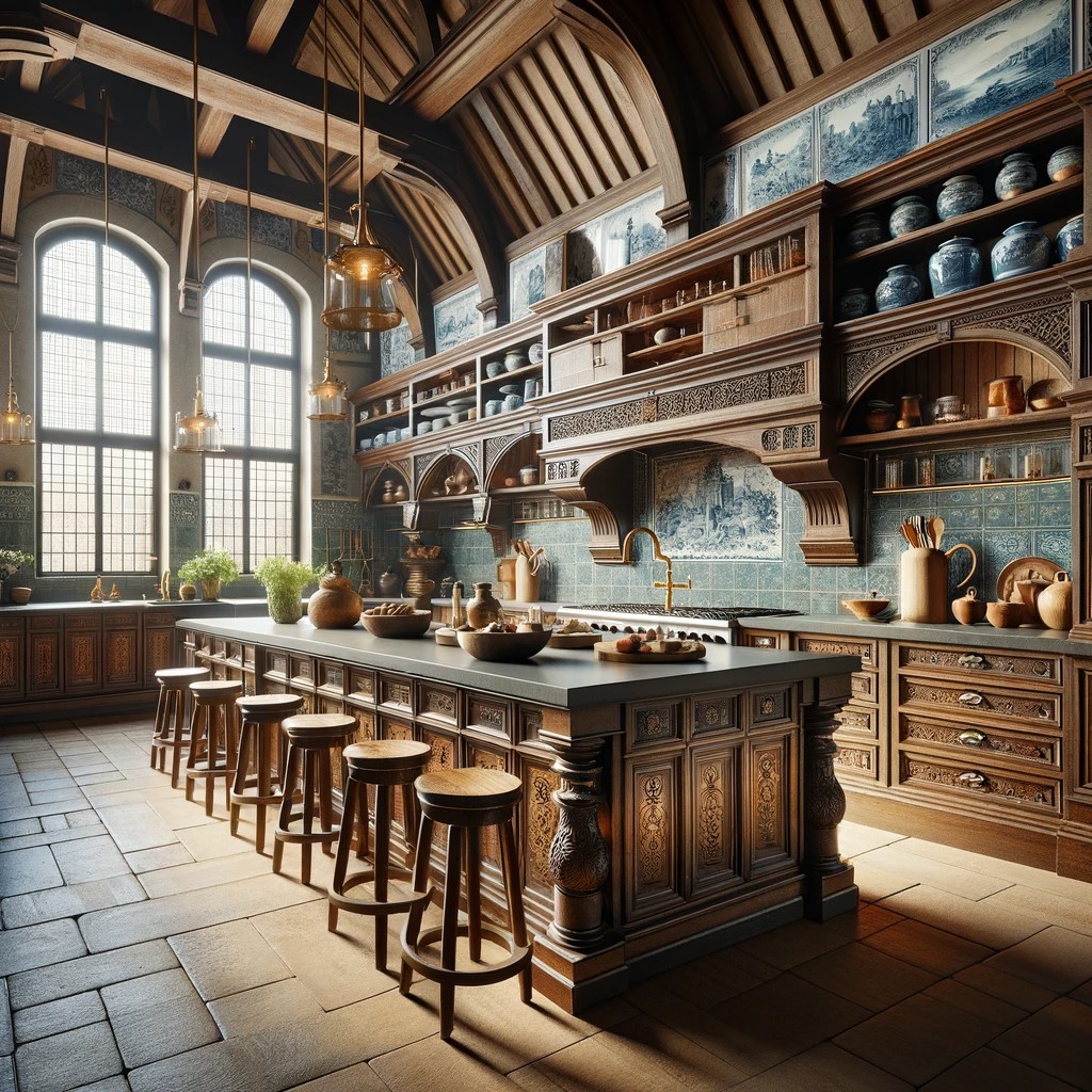 The heart of a Dutch Colonial home, this kitchen boasts an expansive wooden island and cabinetry, complemented by Delft blue tiles and copper accents, marrying functionality with historical aesthetics for culinary exploration.