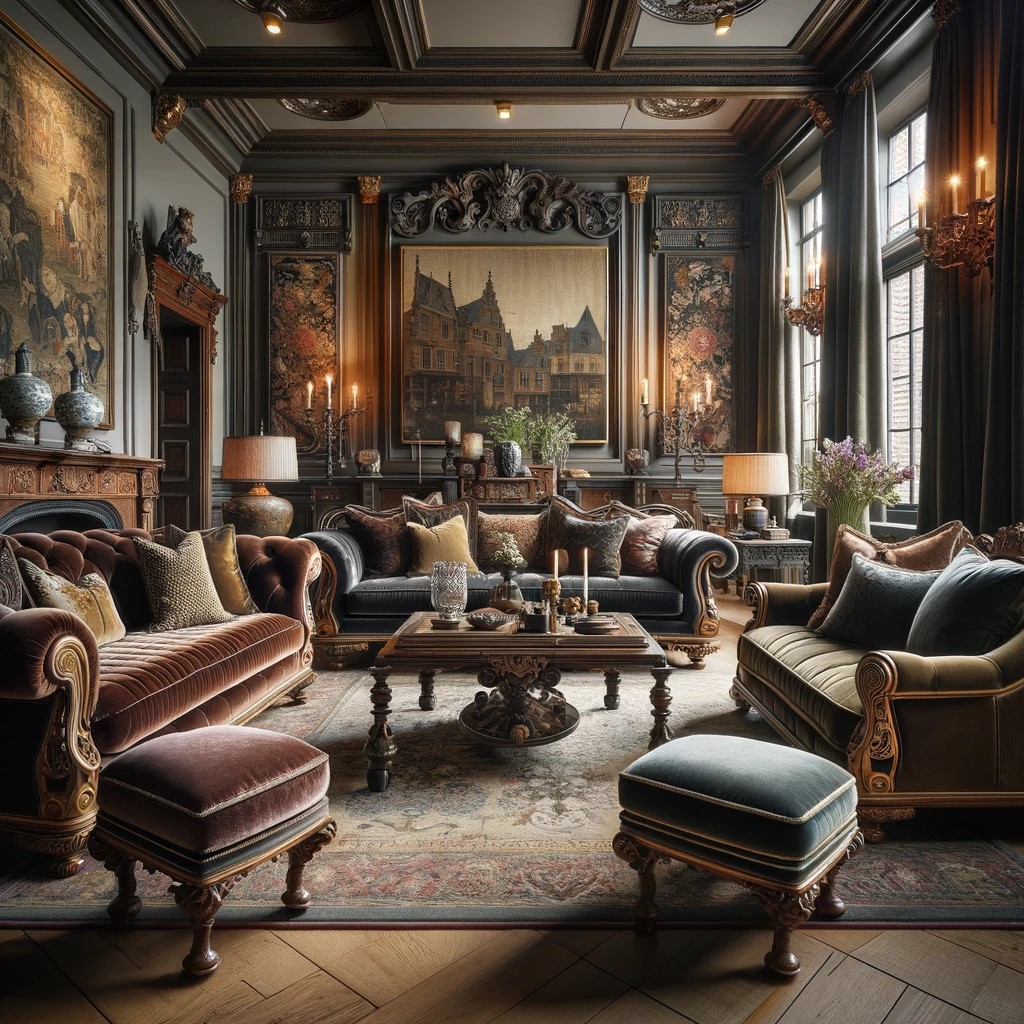 A sophisticated Dutch Colonial living room that marries the grandeur of velvet and leather sofas with the rustic allure of wooden details, all under the watchful eyes of classic artwork, providing a timeless space for relaxation and social gatherings.
