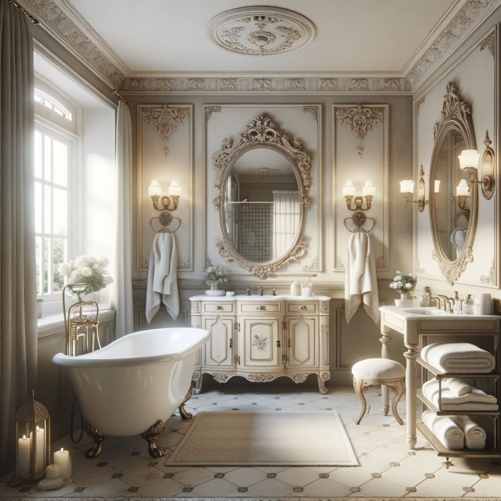 Luxurious French Provincial bathroom with a freestanding claw-foot tub and ornate vanity.