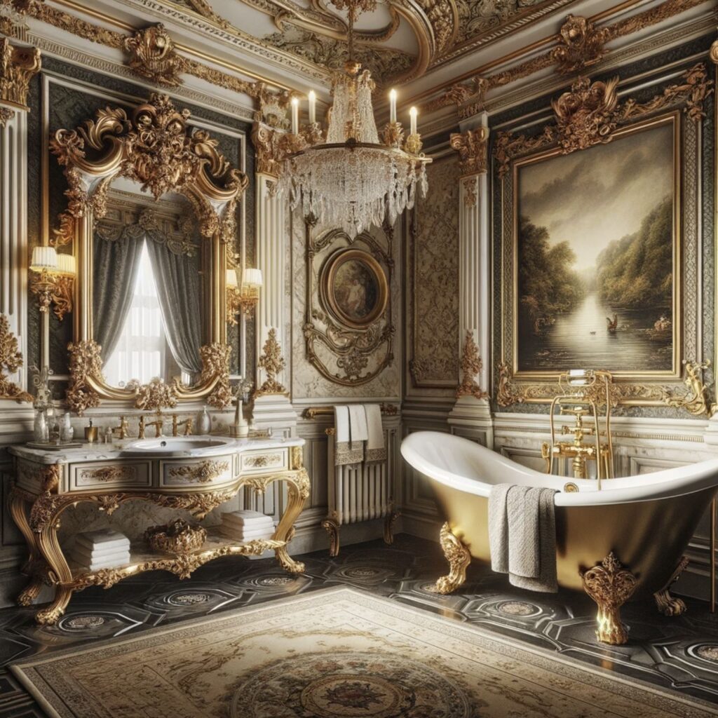 An exquisite French Baroque bathroom with a claw-foot tub, gilded accents, and a majestic chandelier.