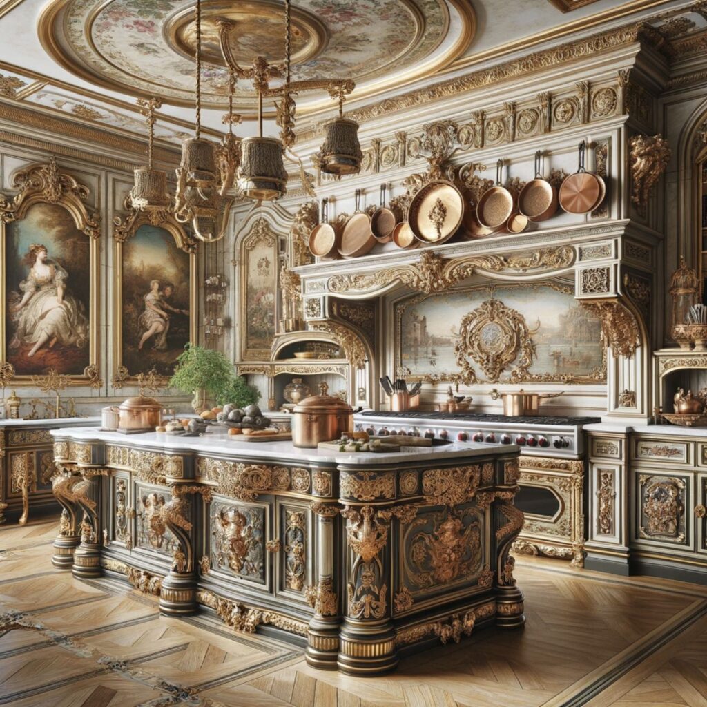 A kitchen fit for royalty, showcasing French Baroque grandeur with elaborate cabinetry and a stately island.