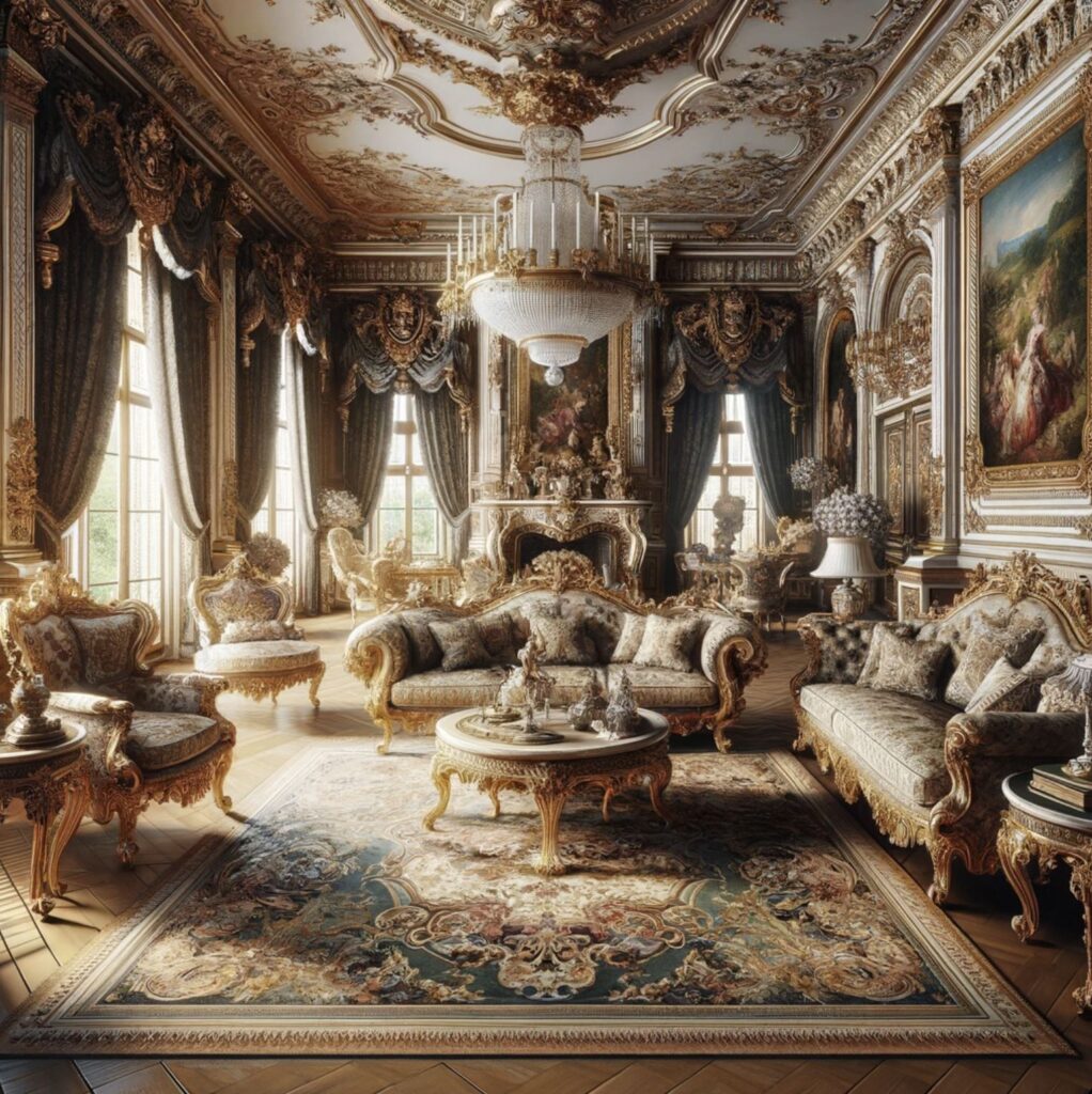 An ornate French Baroque living room, resplendent with a grand chandelier, plush seating, and luxurious drapes.