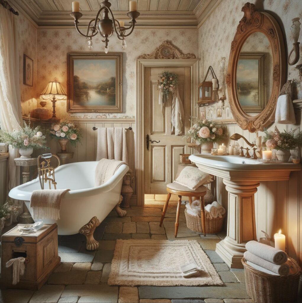 Indulge in the quaint luxury of this French country bathroom, a harmonious blend of classic comfort and rustic tranquility for the ultimate relaxation.