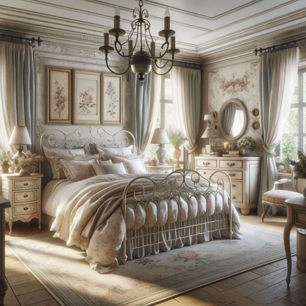 Slumber in serene sophistication in this French country bedroom, where every morning feels like a fresh countryside awakening.