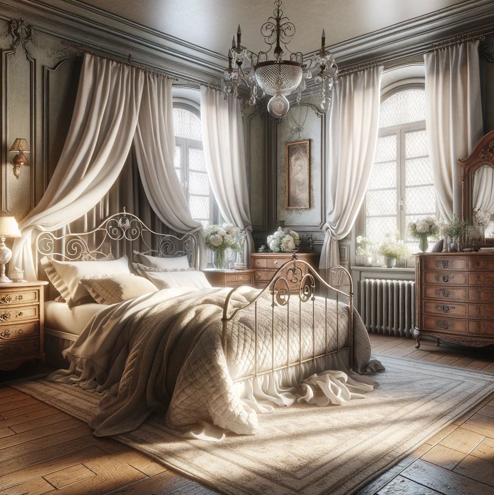 An opulent French country-style bedroom with elegant wrought-iron bed and flowing drapes that evoke a sense of romantic nostalgia.