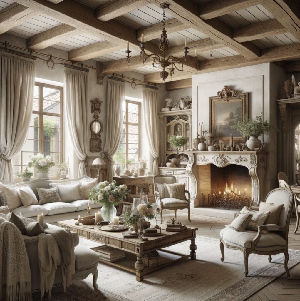 Experience the timeless elegance of French country living with this cozy nook, perfect for lazy afternoons by the fire or lively evenings with loved ones.
