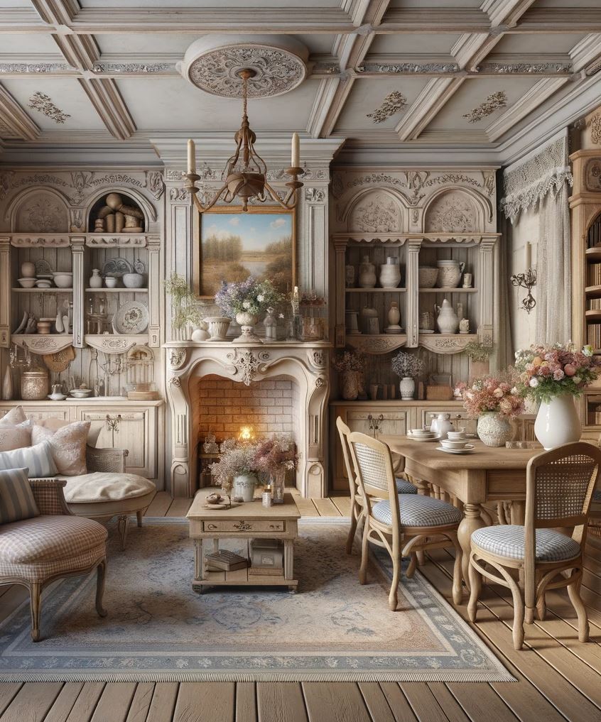 A French country living and dining room that showcases classic elegance with ornate details, vintage furnishings, and a warm, pastel color scheme.