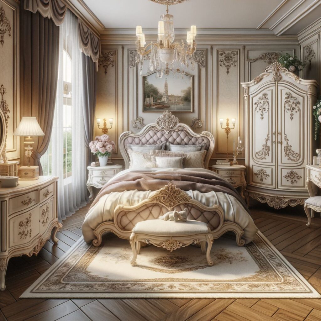 Romantic French Provincial bedroom featuring a large bed with carved headboard and vintage furniture.
