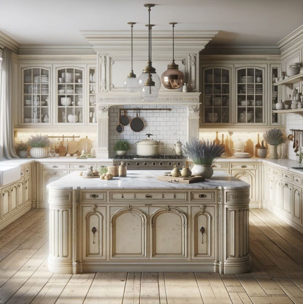 Rustic yet sophisticated French Provincial kitchen with central marble island.