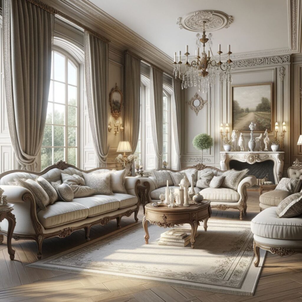 Elegant French Provincial living room with plush seating and ornate fireplace.