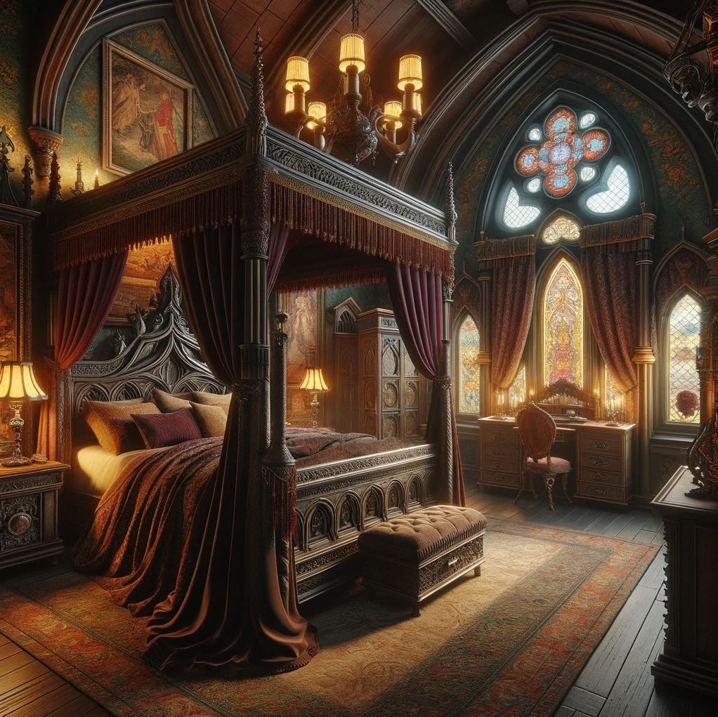 The image showcases a stately Gothic Revival bedroom, replete with a regal four-poster bed adorned with lavish draperies. The room is illuminated by a warm, ambient glow from the chandelier above, accentuating the intricate woodwork and the vibrantly colored stained glass windows that cast a kaleidoscope of light across the space.