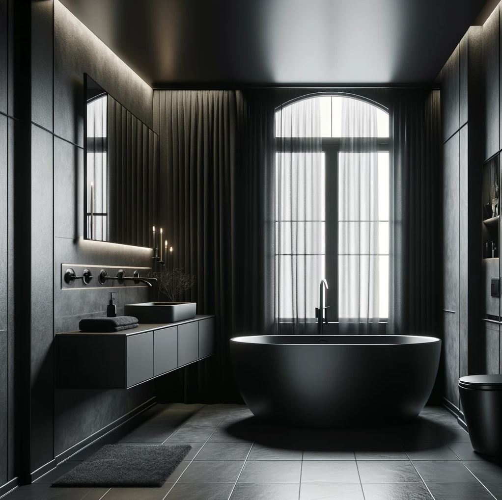 A sleek and sophisticated modern Gothic bathroom featuring a matte black freestanding tub, dark vanity, and minimalist decor, all bathed in natural light from the large window.