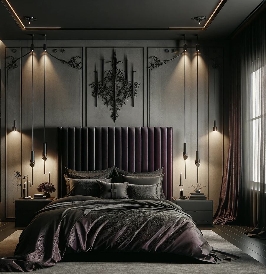 A luxurious modern Gothic bedroom with a plush velvet headboard and matching bedding in rich purples and blacks. The dark theme is consistent throughout, with elegant wall sconces providing a moody ambiance.