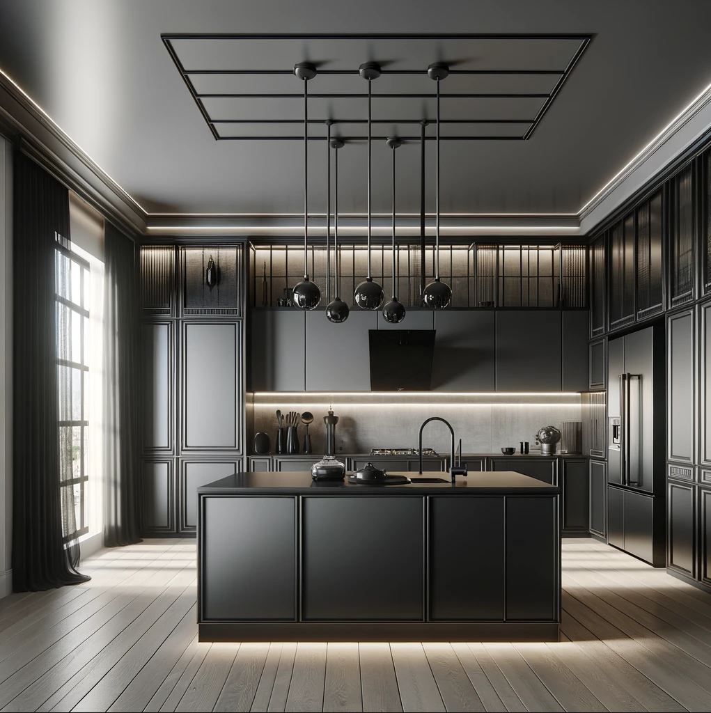 A chic and polished modern Gothic kitchen with dark cabinetry and countertops, complemented by state-of-the-art appliances and strategic lighting, creating an inviting and stylish culinary space.