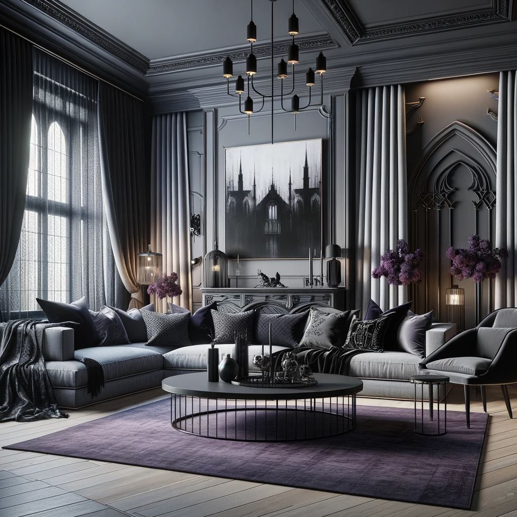 A spacious modern Gothic living room that marries comfort with style, featuring a plush sofa set, a contemporary round coffee table, and dramatic Gothic artwork, all under the warm glow of stylish pendant lighting.