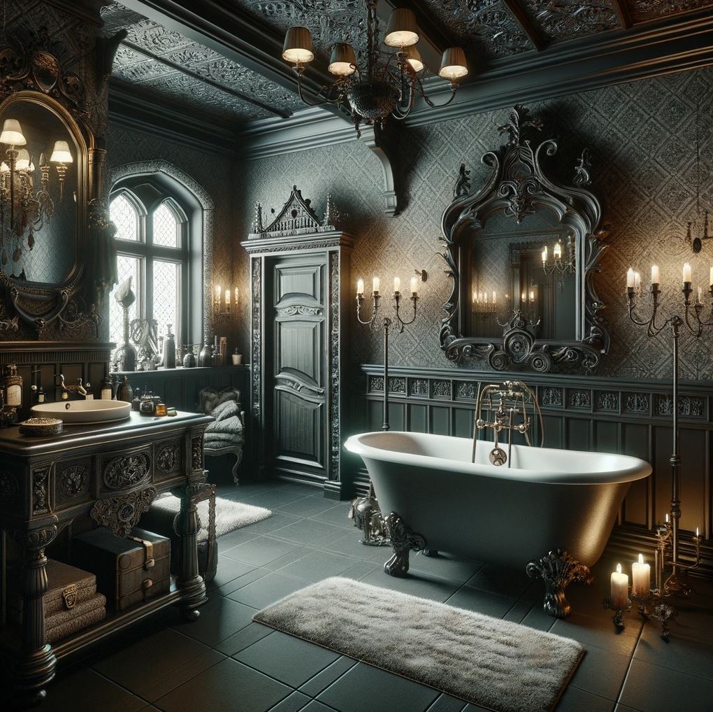 Depicted is a sophisticated Gothic Revival bathroom that exudes dark elegance with its black paneled walls and contrasting white bathtub. The room is adorned with vintage-style chandeliers and wall sconces, while a large mirror with elaborate carvings complements the detailed ceiling work above.