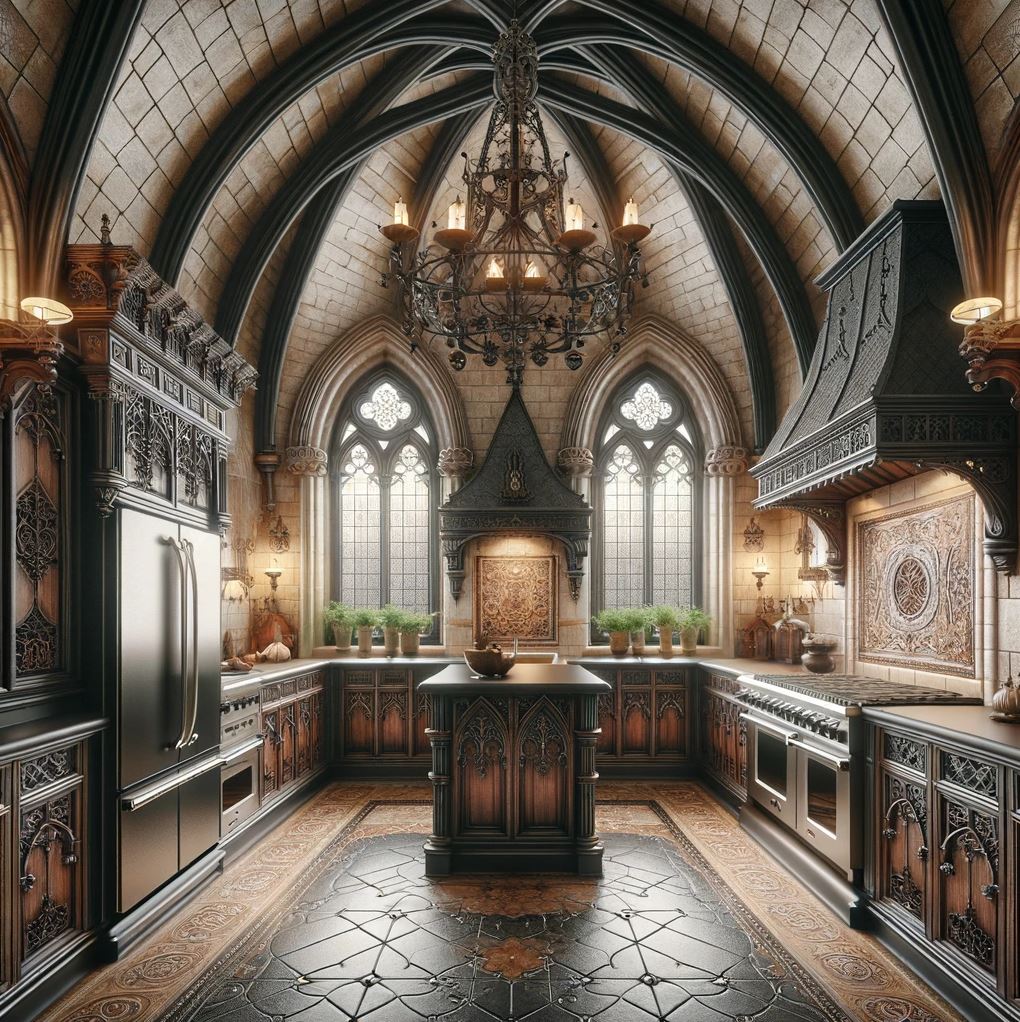 The final image displays a spacious Gothic Revival kitchen with a soaring arched ceiling and matching arched windows that infuse the space with natural light. The kitchen is equipped with ornate black cabinetry and a central island, all set against a backdrop of beautiful patterned tiles on the floor, completing the look of medieval modernity.
