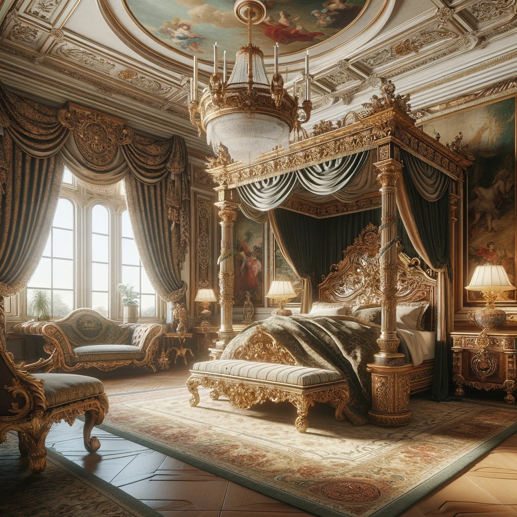 A bedroom that transcends time, enveloped in the luxurious embrace of Italian Baroque elegance, where golden details and plush fabrics ensure a royal repose.
