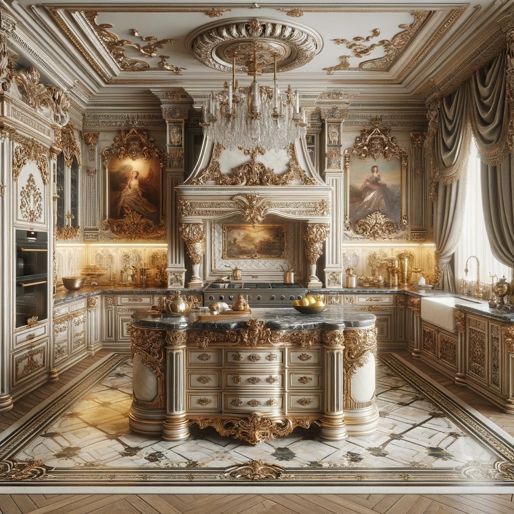 A kitchen where culinary artistry meets Baroque grandeur, with gilded cabinetry and marble splendor standing as testaments to a bygone era's exquisite tastes.