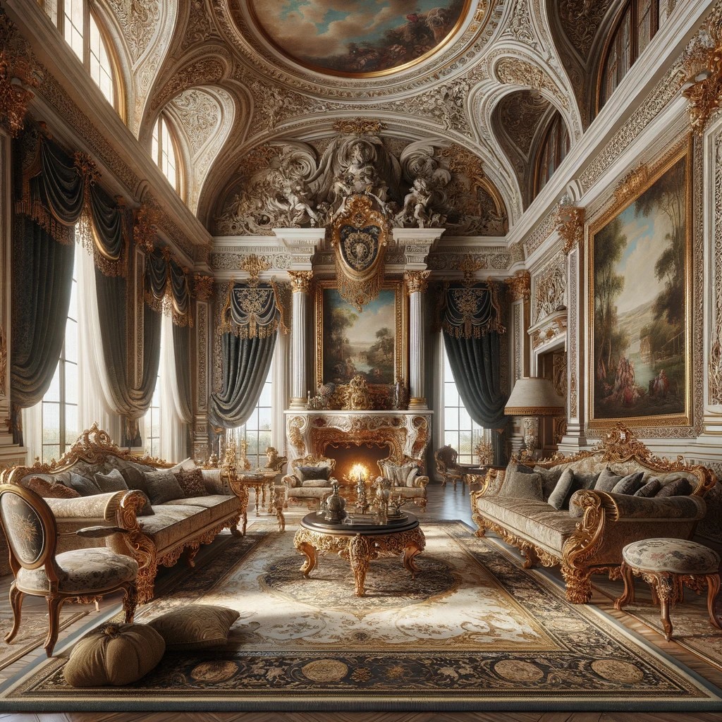 The living room, a resplendent reflection of Italian Baroque heritage, where every ornate sofa and tapestry tells a story of unrivaled elegance and aristocratic comfort.