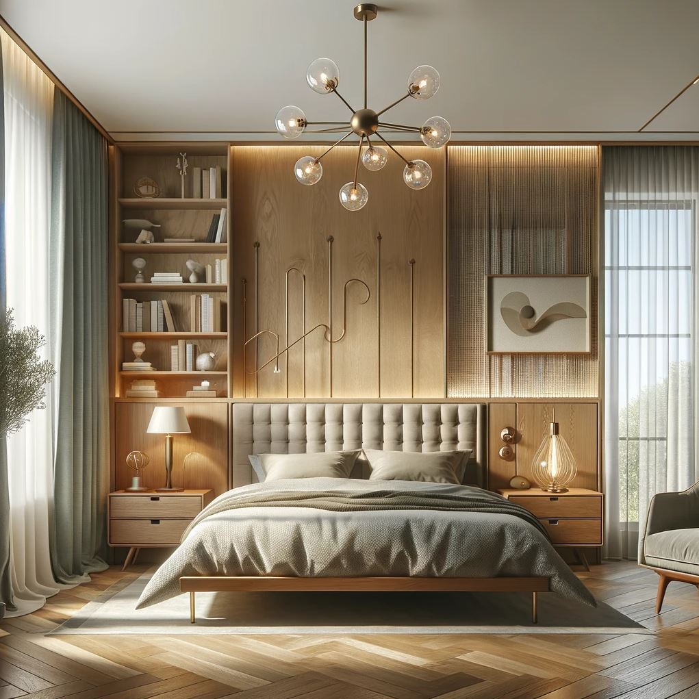 A cozy mid-century modern bedroom that exudes warmth and comfort with its tufted headboard and wooden paneling. The stylish Sputnik chandelier adds a vintage charm, while the floor-to-ceiling windows drape the room in soft, natural light.