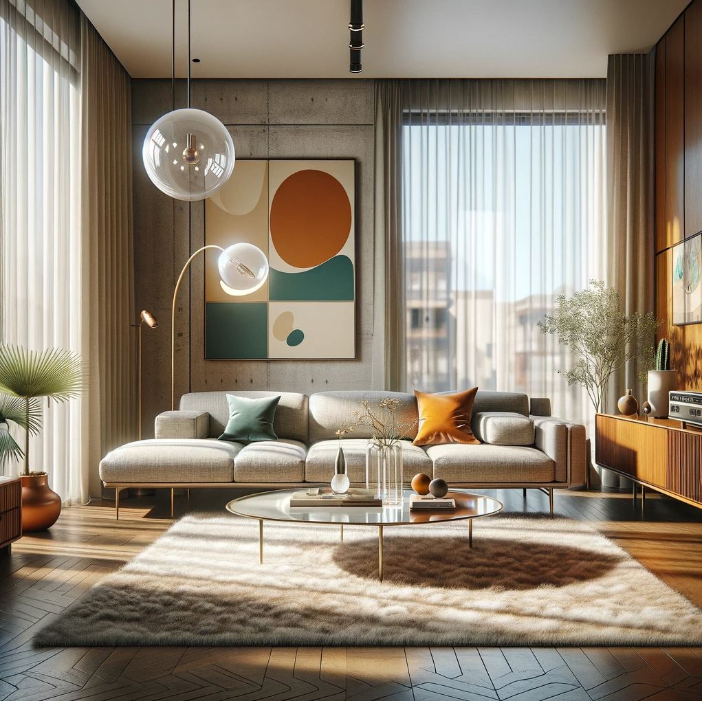 Vibrant and retro, this mid-century modern living room is a nod to the past with its colorful abstract art, a low-profile sofa, and classic bubble lamp. The wooden sideboard and indoor plants add a touch of organic texture to the space.