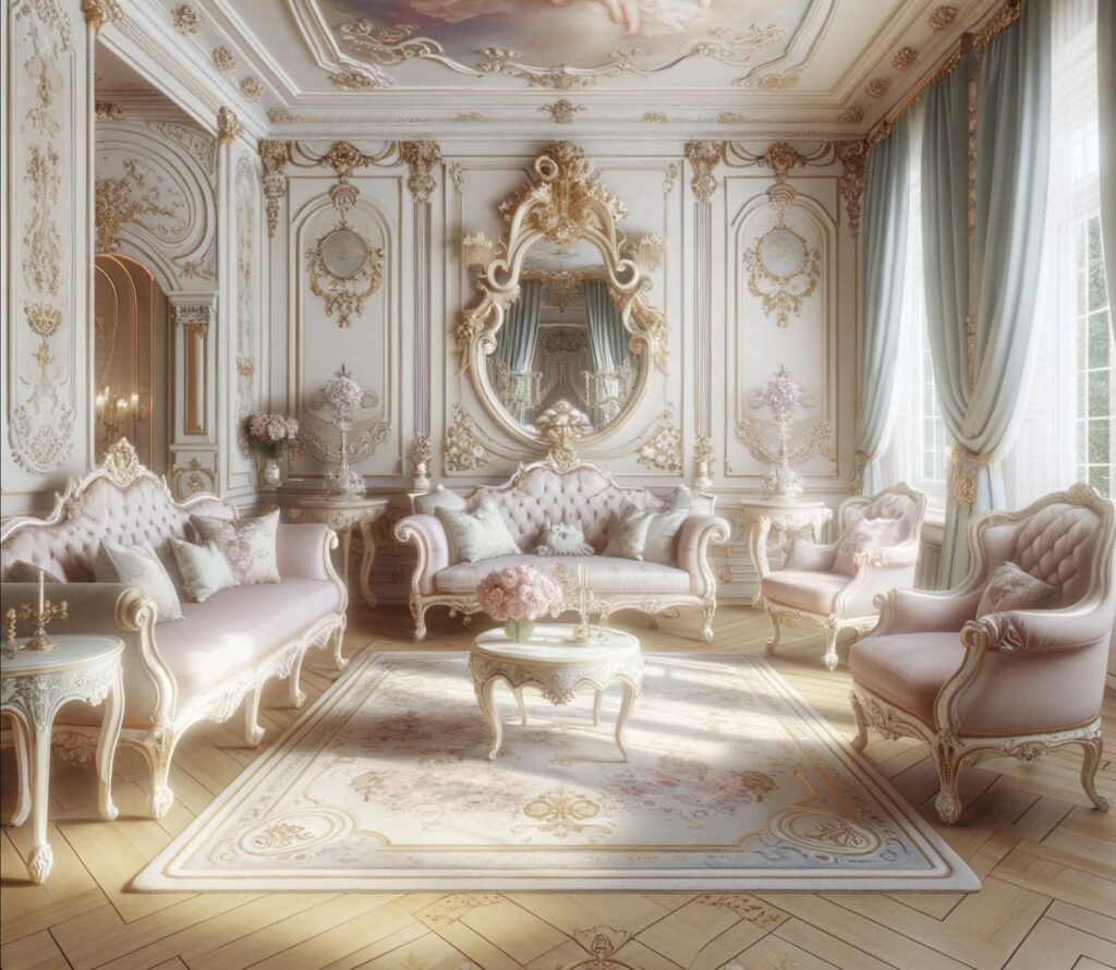 This living room is a testament to Rococo grandeur, featuring pastel hues, ornamental gold accents, and a plethora of luxurious seating options, all under the glow of an elegant chandelier.