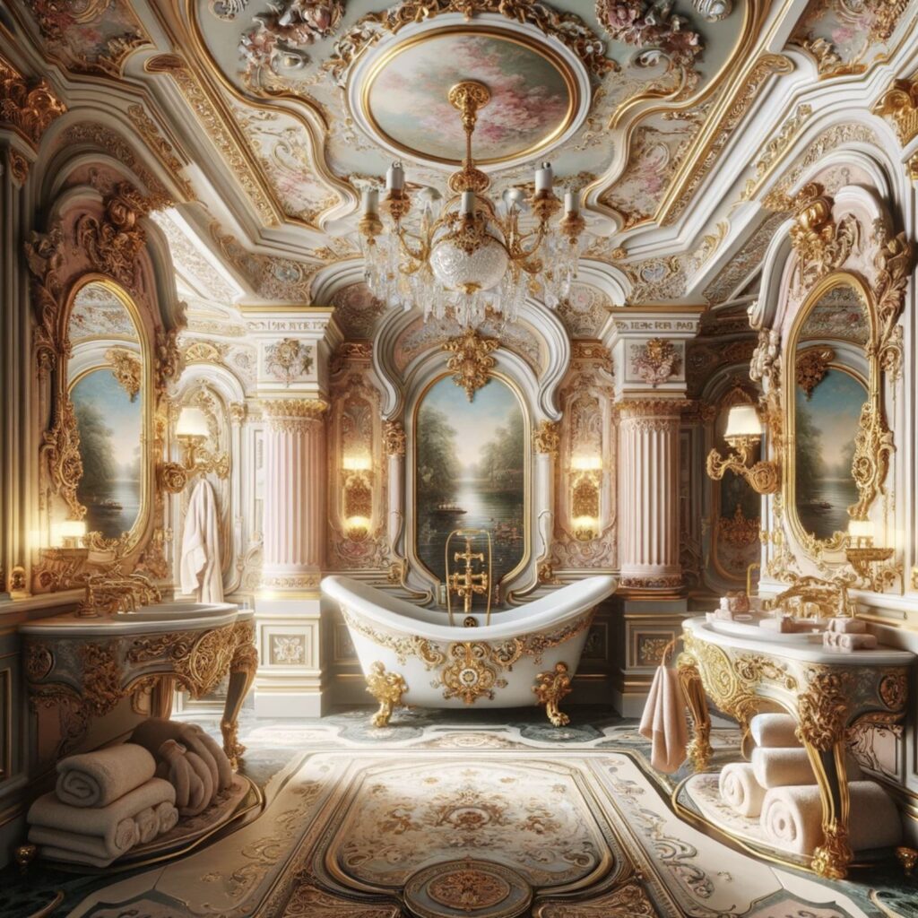 The epitome of Rococo luxury, this bathroom boasts a magnificent freestanding bathtub with gold fittings, surrounded by intricate frescoes and reflective surfaces that amplify the room's majesty.