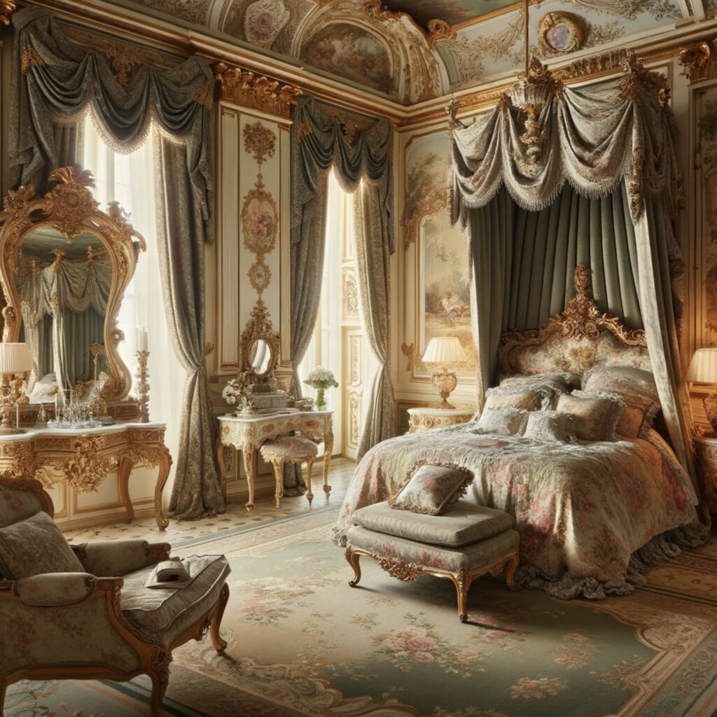 A bedroom that exudes opulence with its lavish four-poster bed, adorned with plush fabrics and heavy drapery. The ornate vanity and gilded mirrors reflect the extravagance of the Rococo style.