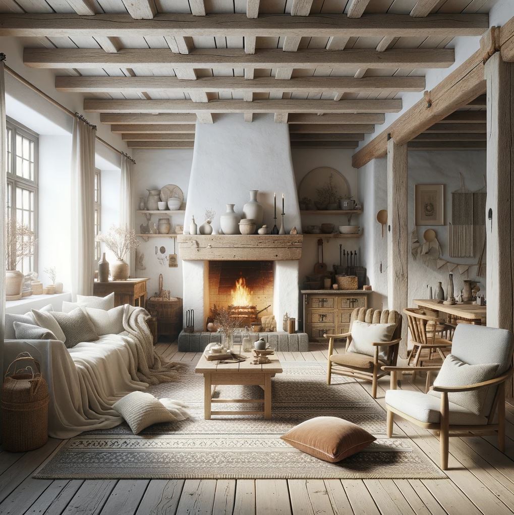 A cozy Swedish country living and dining area that marries rustic textures with a neutral palette for a warm, inviting space.