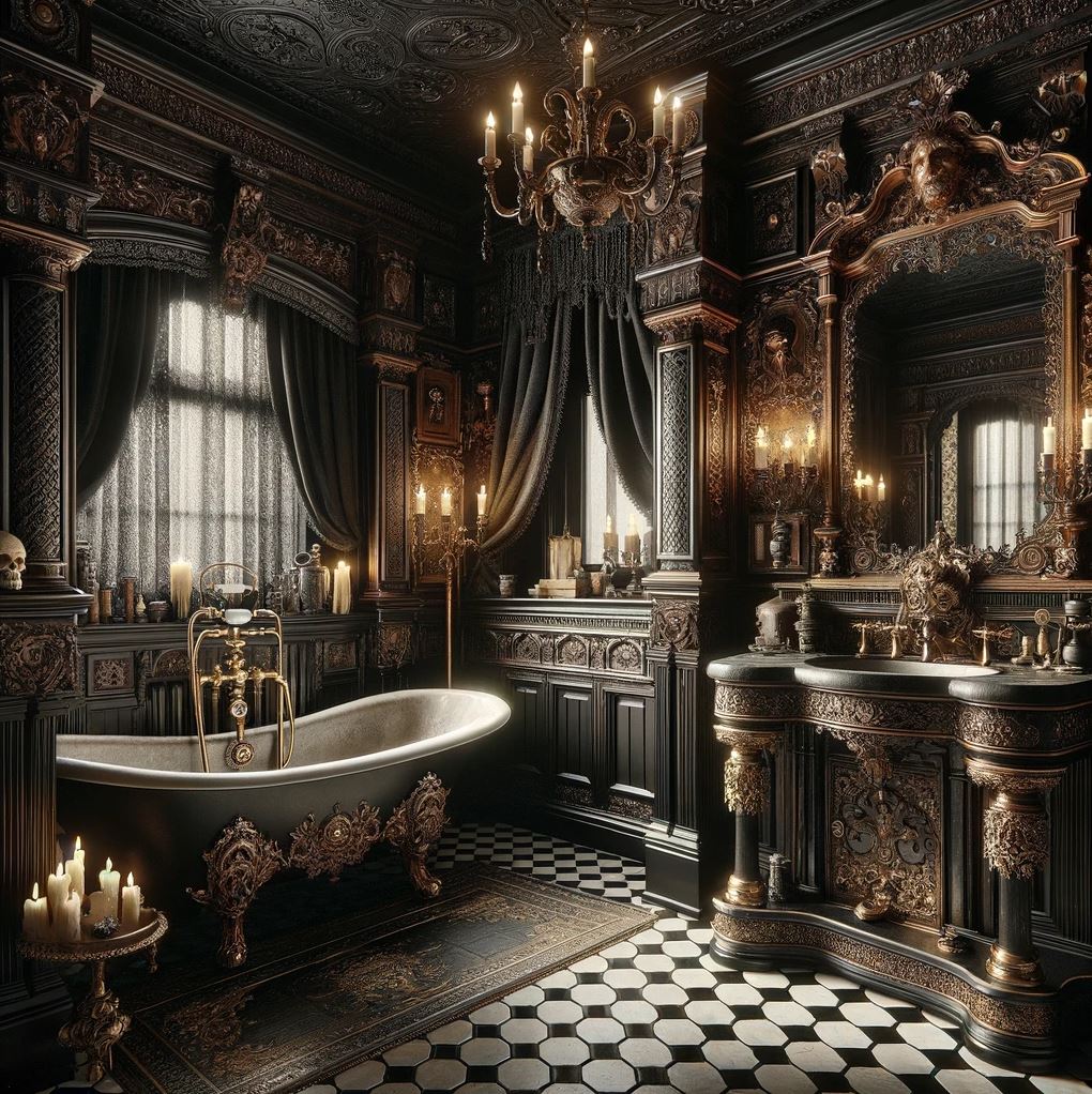 The bathroom is a stunning example of Victorian Gothic elegance, featuring a classic clawfoot tub and a grand, ornate mirror above a richly detailed vanity. The candlelit sconces and intricate ceiling patterns contribute to the room's vintage opulence.
