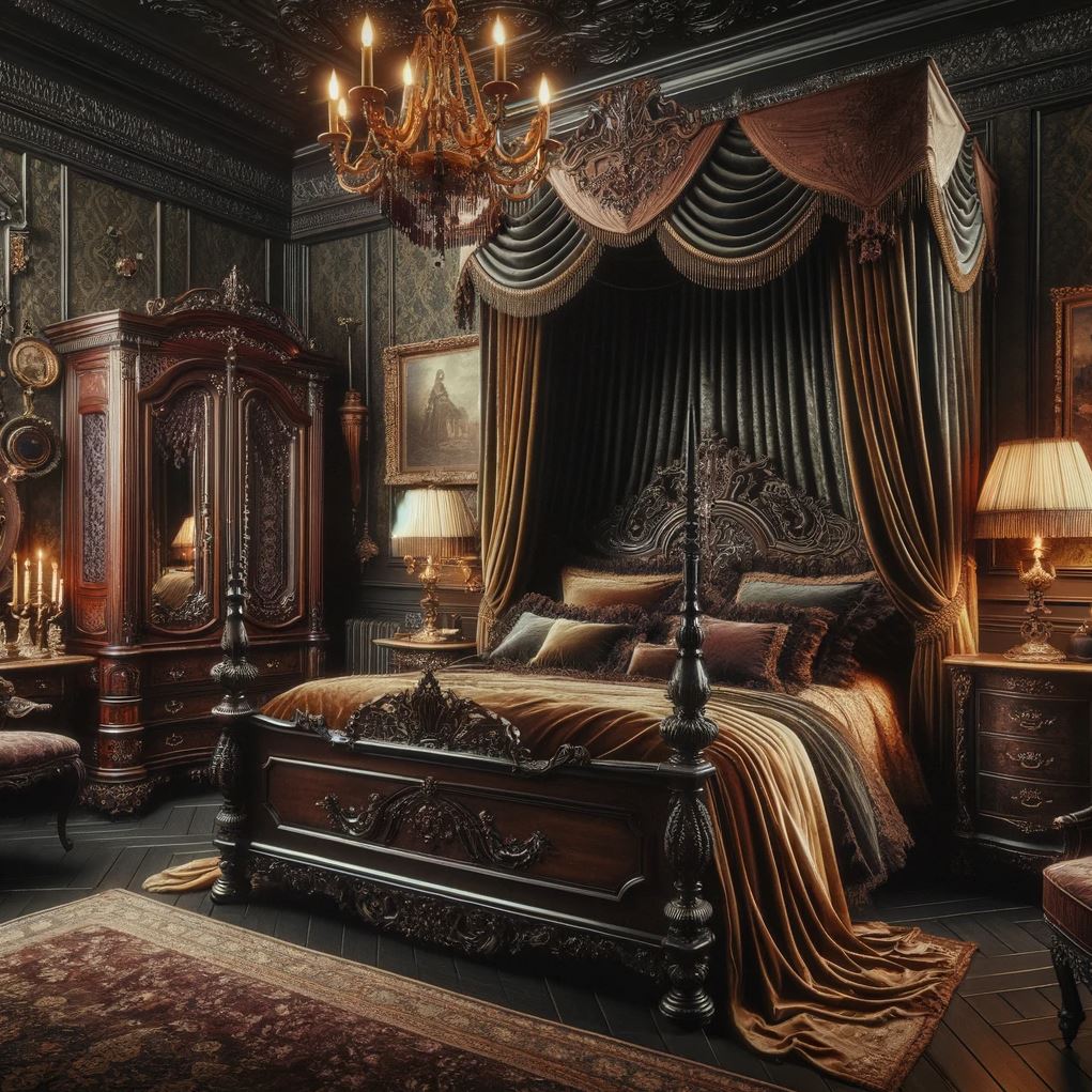 A Victorian Gothic bedroom lavishly appointed with a dark, ornate canopy bed, complemented by rich, velvet drapes and a luxurious chandelier that casts a soft glow over the room. The intricate wood carvings and vintage portraits add to the room's antique charm.