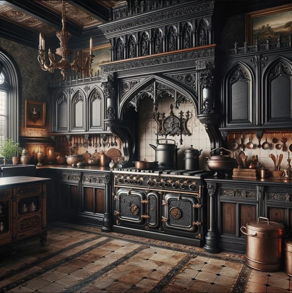This kitchen is a splendid representation of Victorian Gothic style, with its elaborate wood carvings and a majestic stove that serves as the room's centerpiece. The atmospheric lighting and collection of copper pots and pans evoke the warmth of a bygone era.