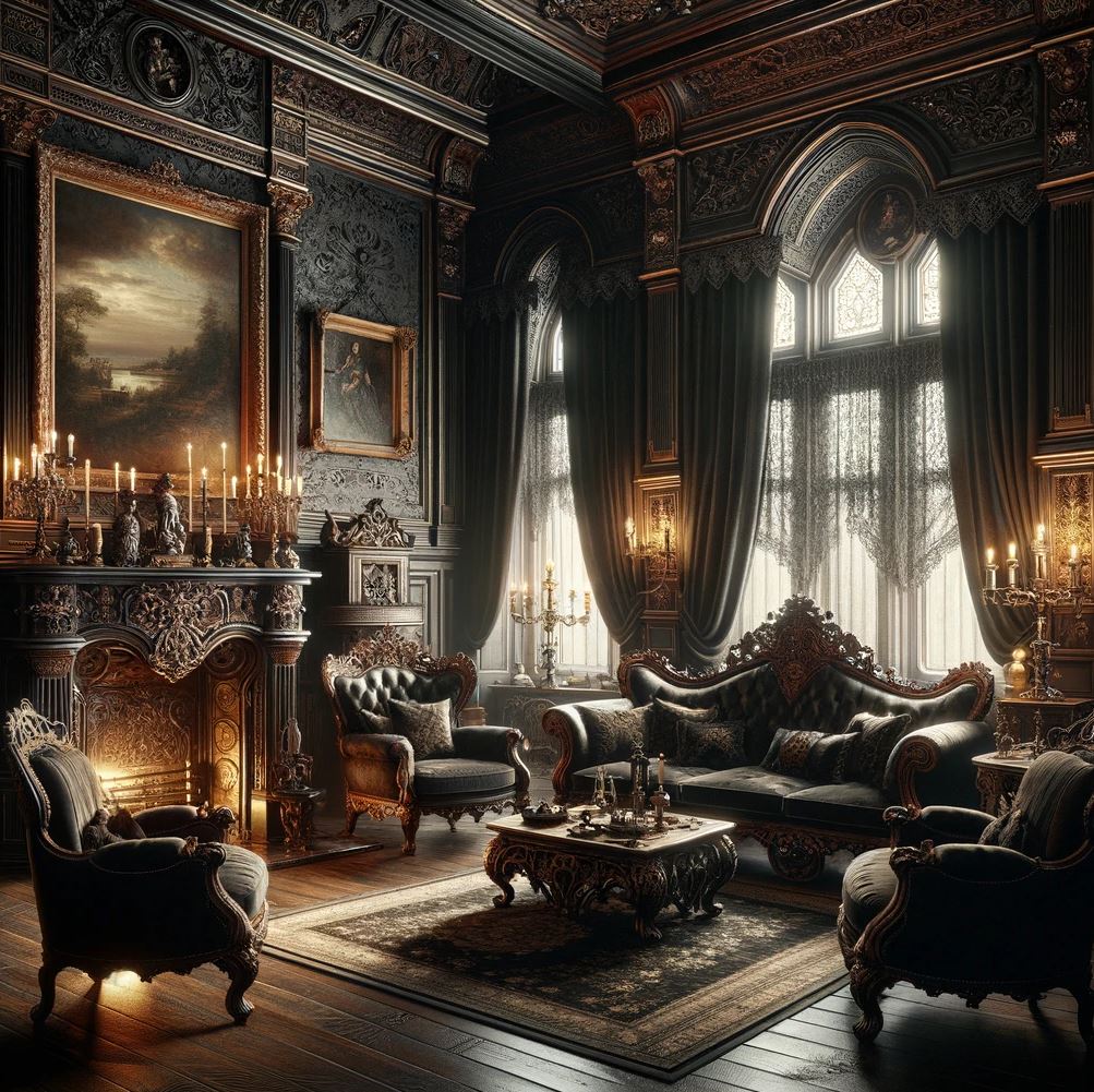 The living room exudes Victorian Gothic sophistication, with its luxurious carved sofas, heavy drapery, and an array of candles providing a warm ambiance. The room's grandeur is highlighted by the ornate fireplace, elaborate ceiling details, and classical artwork.