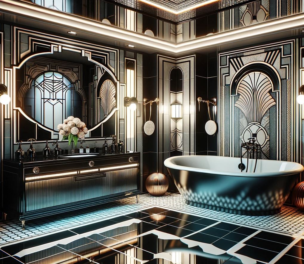 Step into a bathroom where the glamour of the roaring '20s meets modern luxury, with bold geometric patterns, reflective surfaces, and a monochromatic palette highlighted by warm ambient lighting.