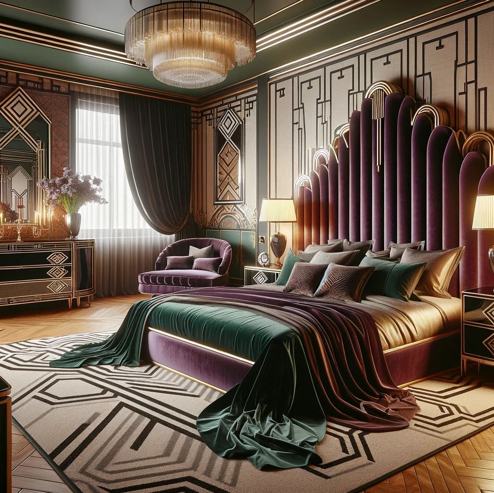 Indulge in the plush comfort of this opulent bedroom, where deep purples and emerald greens converge with geometric elegance and gilded touches to create a space that's both regal and inviting.