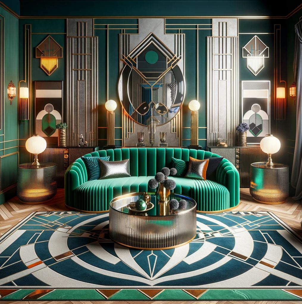 Welcome to a living space where bold geometry is softened by sumptuous curves, and the interplay of emerald upholstery with golden accents crafts a lavish yet contemporary ambiance.