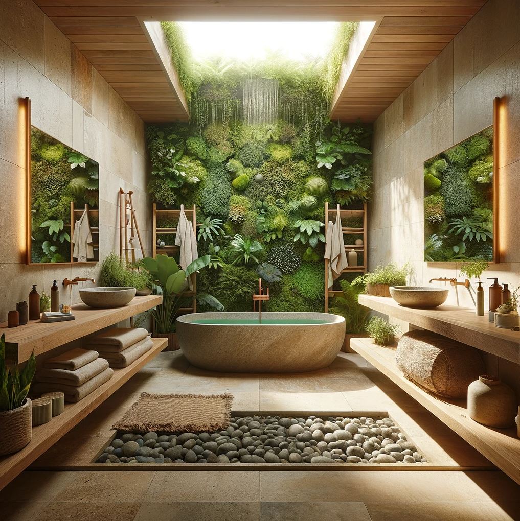 Immerse yourself in tranquility with a stone tub, a living wall, and warm, natural tones illuminated by a soft skylight.