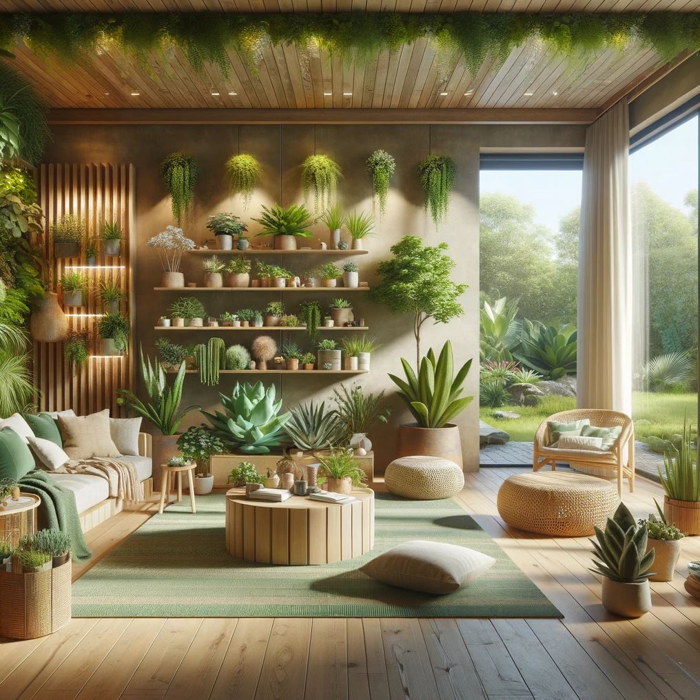 A serene living space where plush seating is surrounded by an array of plants, creating a fresh, open-air ambiance.