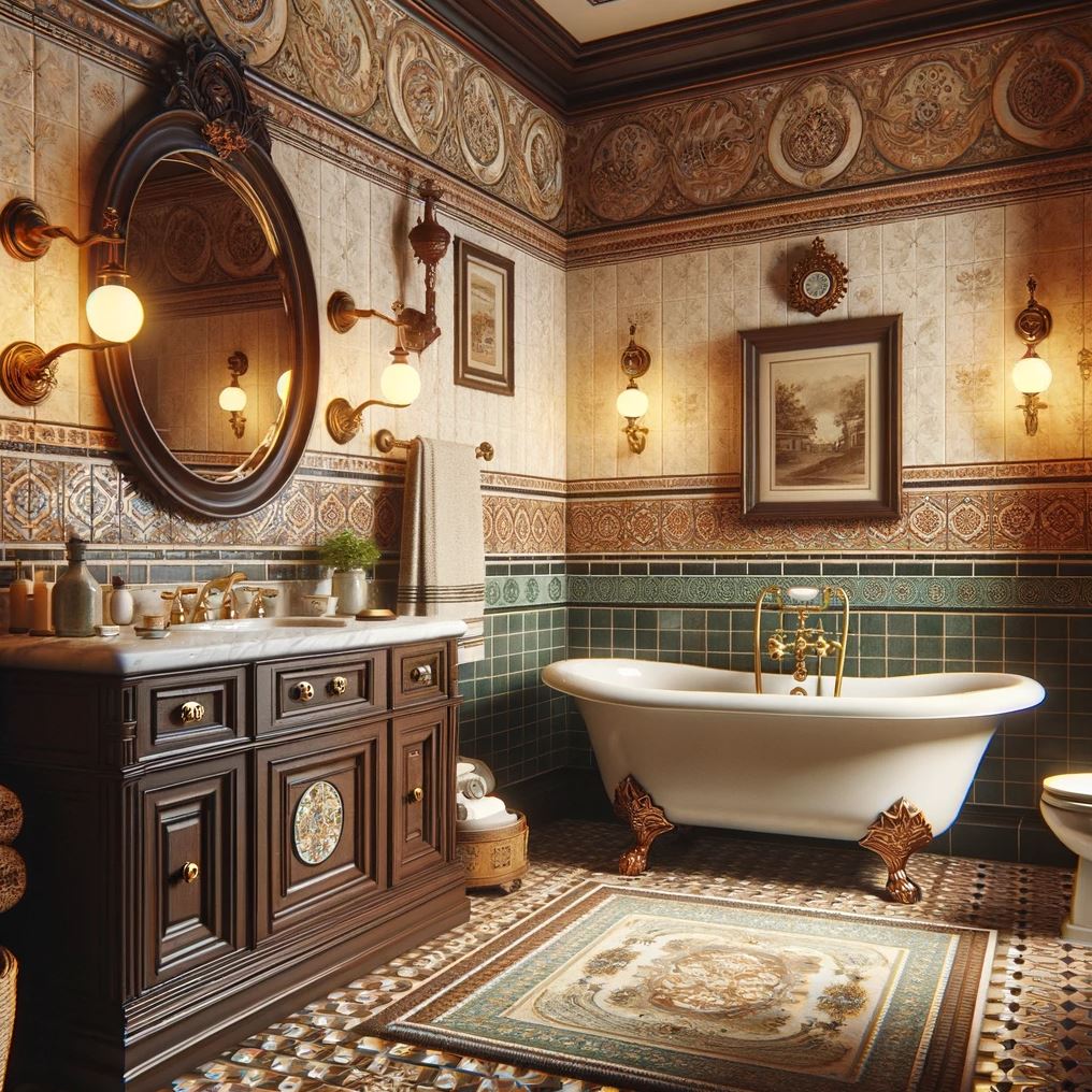 A colonial-style bathroom blending functionality and elegance, with a classic clawfoot tub, wood-paneled vanity, and vintage fixtures, surrounded by intricate tilework.