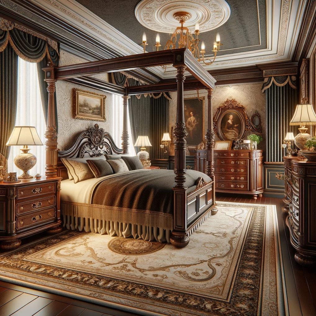 A grand colonial bedroom, where elegance meets comfort, featuring a luxurious four-poster bed, rich wooden furnishings, and detailed paneling for a timeless retreat.